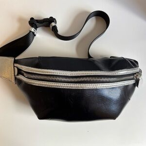 EUC Sol and Selene Black vegan faux leather Belt Bag Silver Accents Bum Bag